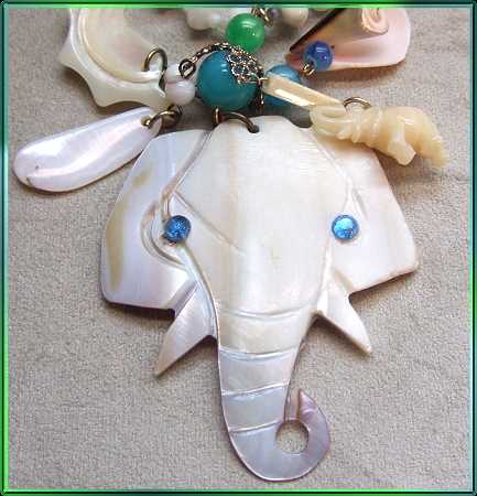 1960s Vintage Elephant Necklace Big MOP Sea Shell Pendant 