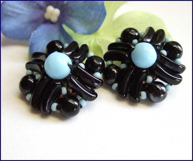 1950s Vintage Clip Earrings West Germany Black Glass Flowers 