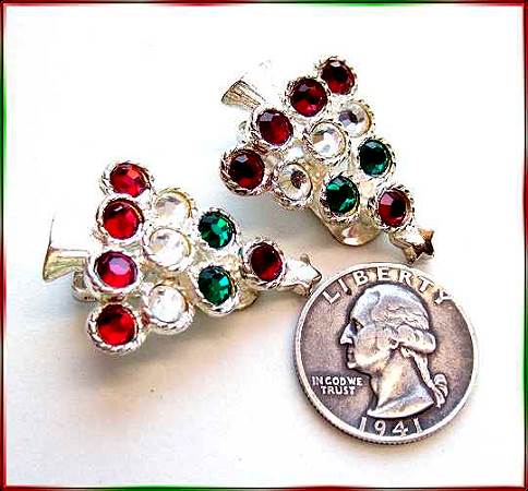 1980s Vintage Christmas Tree Earrings Silver w Red Green Rhinestones 