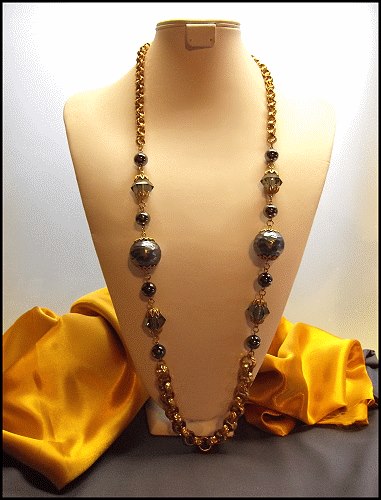 Grey Pearl Long Vintage Necklace Big Gold Book Chain 