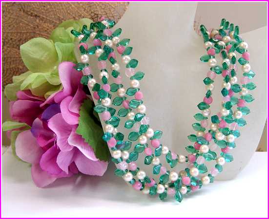 1940s Rare French Givre Pink Green Glass w Pearls Vintage Necklace