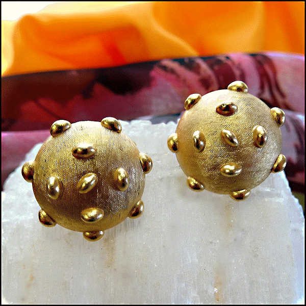 1960s Signed CROWN TRIFARI Gold Pillow Vintage Clip Earrings