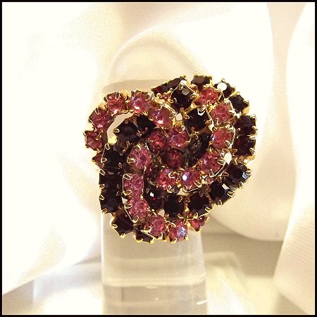 Cocktail Ring Pink n Red Rhinestones 1960s Vintage Jewelry SZ 6-8
