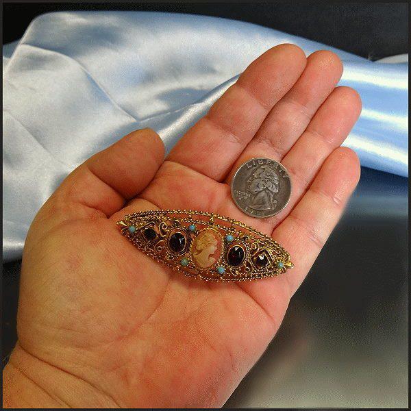 1950s Signed Florenza Ruby Crystal Antique Style Cameo Bar Pin