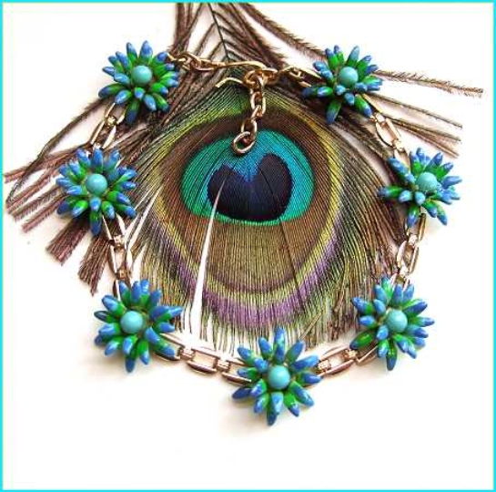 1950s West German Hand Painted Blue Green Vintage Flower Bracelet