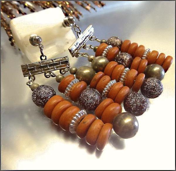 1970s Vintage Pierced Earrings Terra Cotta Wood w Brass Beads 