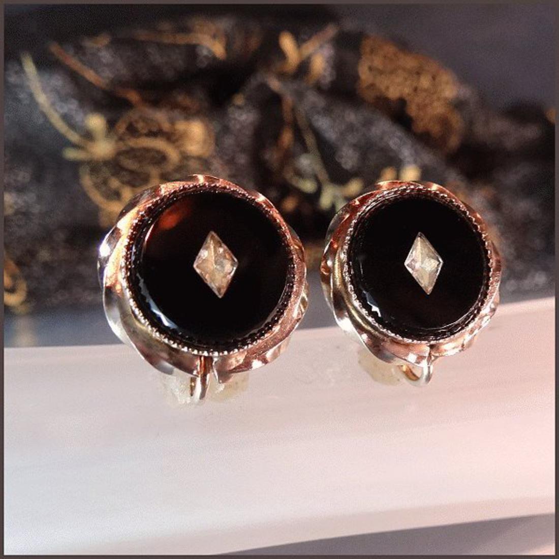 1940s Vintage 14 kt Gold GF Diamond and Black Onyx Fine Jewelry Earrings