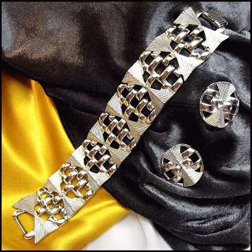 1950s Signed Coro Pegasus Silver Retro Vintage Bracelet w Earrings Set