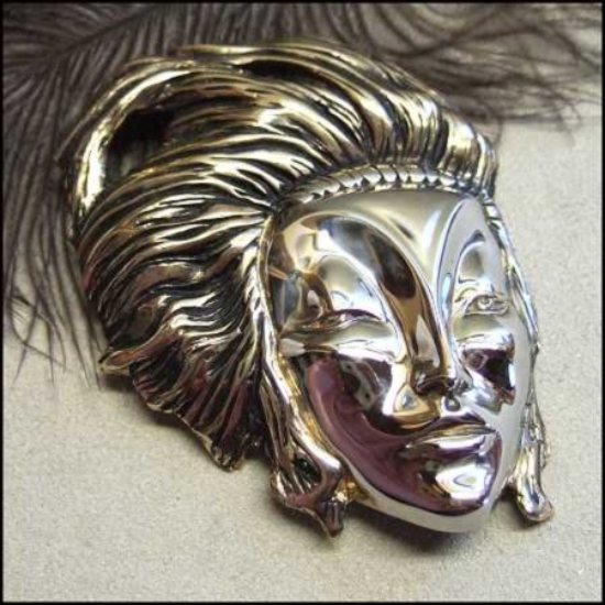 Art Deco Signed Vintage Brooch BIG Silver Gold Lady Face