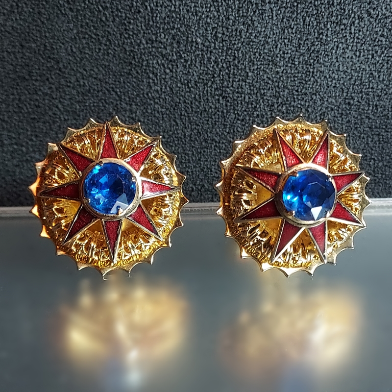 1970s Big Regal 8 Point Star Red Blue Gold Vintage Cufflinks