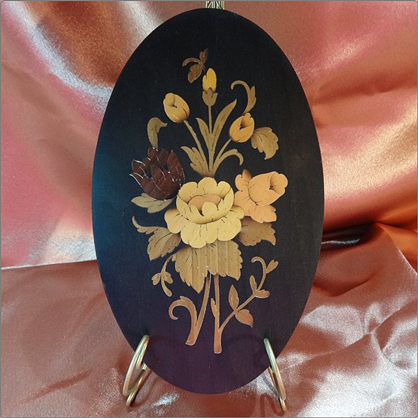 1950s Floral Inlay Vintage Wood Wall Plaque Bohemian Art