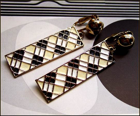 Vintage Designer Earrings Black n White Geometric Dangles Signed Boucher
