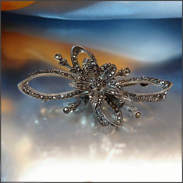 1930s Antique Victorian Bow Pin 800 Silver w Marcasites Pendant
