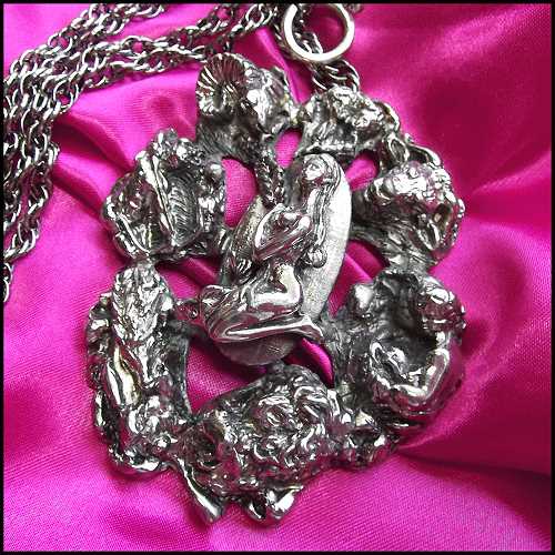 1970s Signed Tortolani Silver Zodiac BIG Pendant Vintage Necklace