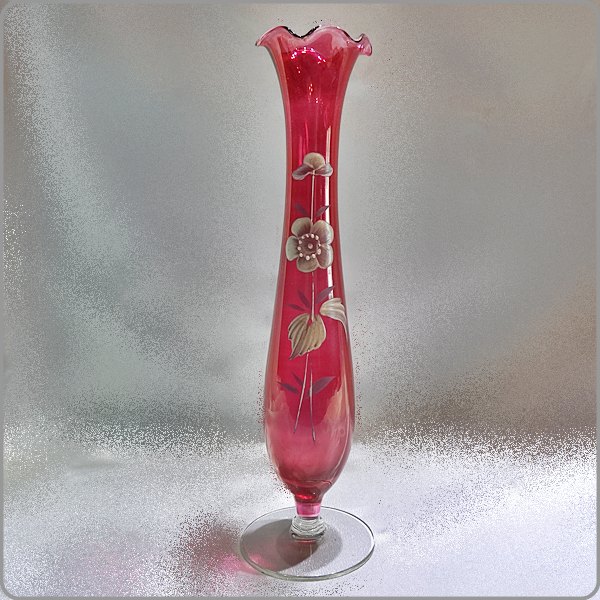 1920s Antique Bristol Glass Hand Painted Cranberry Bud Vase