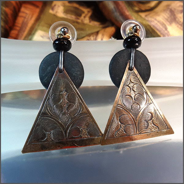 1970s Ethnic Etched Brass Vintage Pierced Earrings