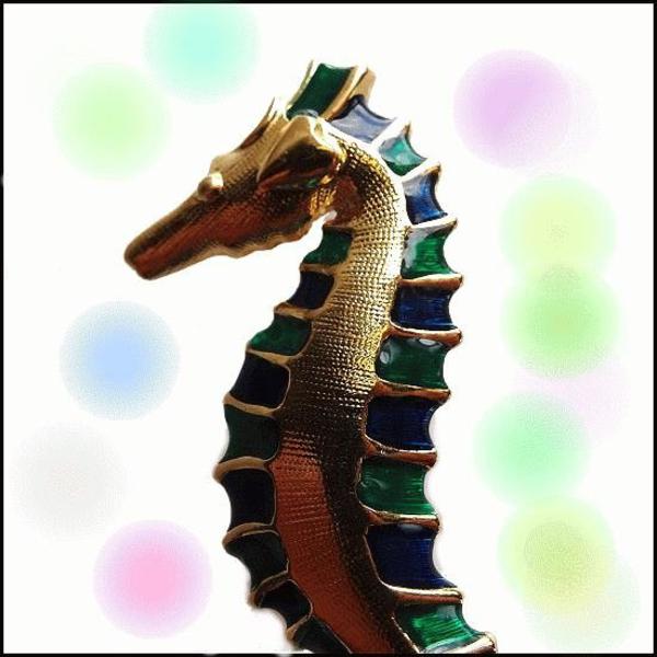 1970s Designer Signed Big Colorful Seahorse Vintage Brooch Pin
