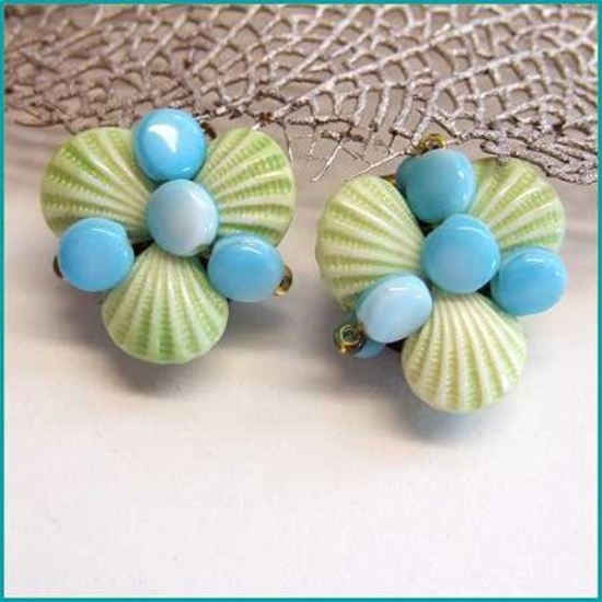 1940s Vintage Earrings Aqua Seashell Glass Signed West Germany
