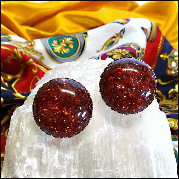 1950s Vintage Confetti Lucite Clip Earrings Red Gold Buttons Signed CORO