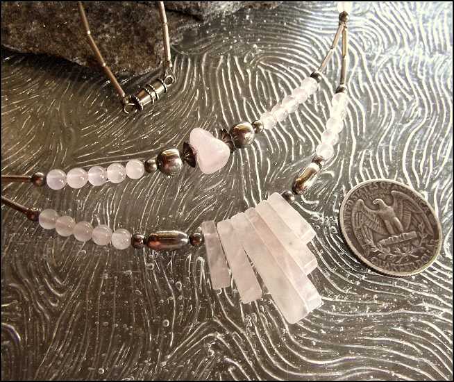 1970s Sterling Silver Pink Quartz Vintage Gemstone Necklace