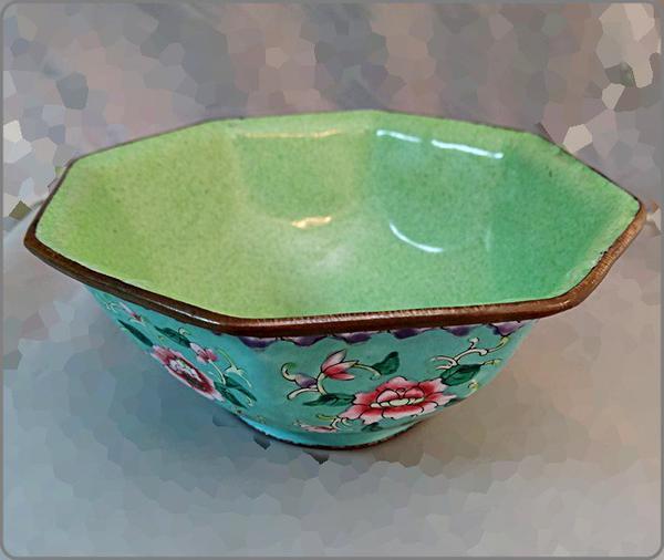 Early 1900s Antique Chinese Enamel Bowl Persian Celadon Blue