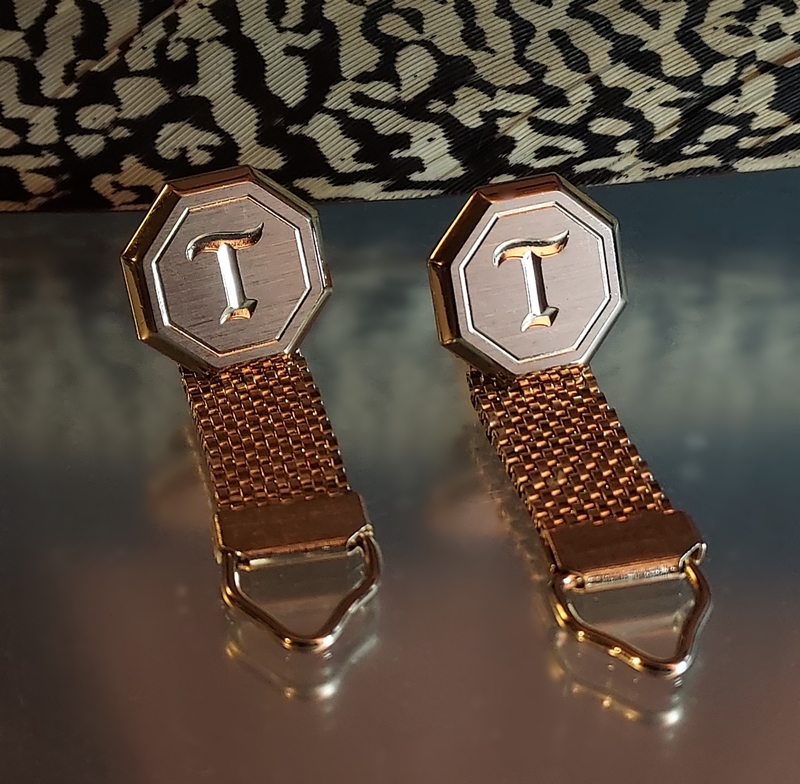 1970s Gold Silver Engraved Initial T Octagonal Vintage Cufflinks