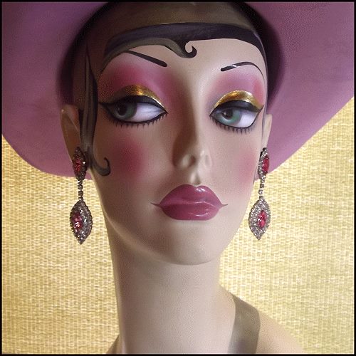 1950s Art Deco Pierced Earrings Pink Crystal Diamond Chandeliers