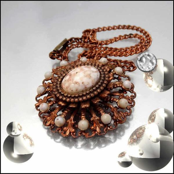 1950s Vintage Copper Pendant Necklace Lace Filigree w Goldstone Agate 