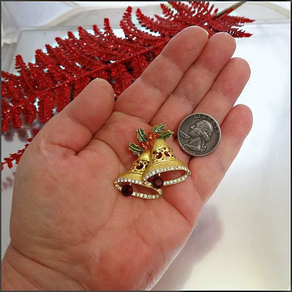 1950s Vintage Christmas Pin Gold Crystal Holiday Bell Brooch