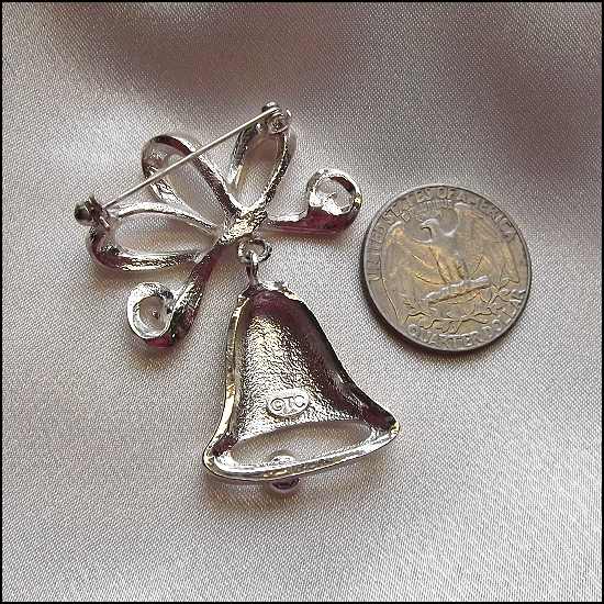 1970s Vintage Christmas Pin Silver Bell Designer Signed TC
