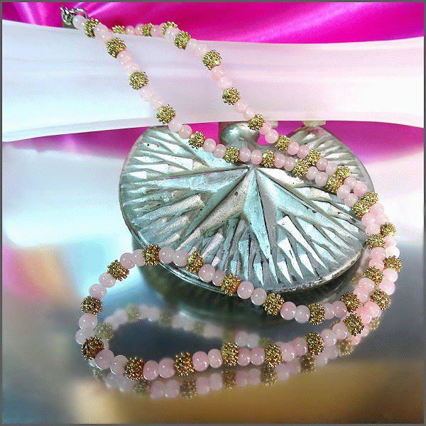 1950s Signed Les Bernard Superb Rose Quartz Gold Nugget Necklace