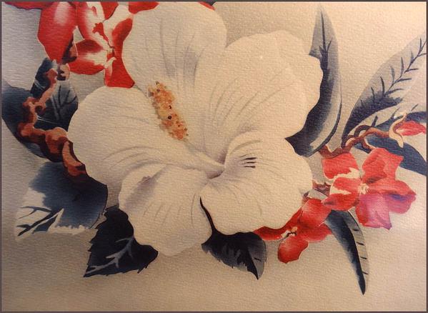 1940s Original Lambert Hibiscus Watercolor Print w Org Frame Home Decor