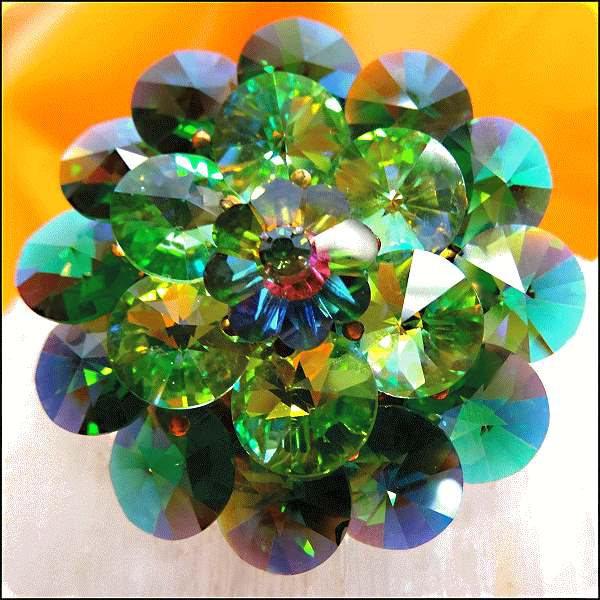 1950s Sherman Green Watermelon Rivoli Crystal Flower Vintage Brooch