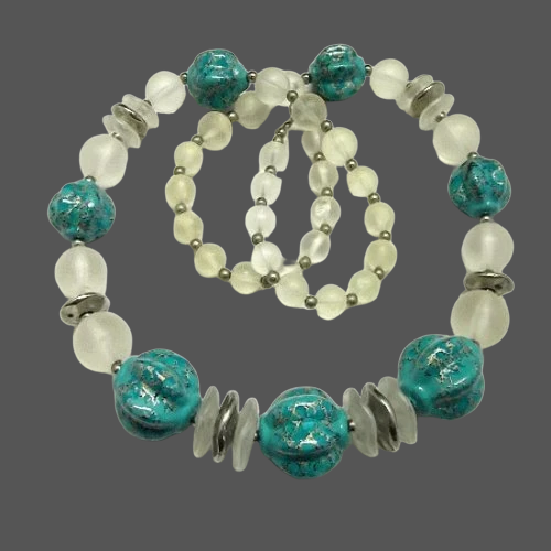 1970s Vintage Necklace Long Turquoise Beads w Mermaid Camphor Lucite