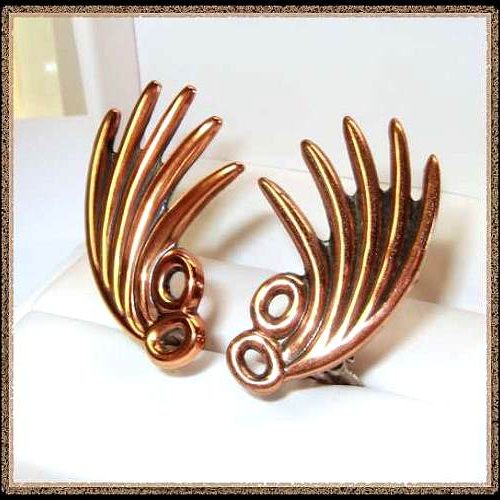 1950s Signed RENOIR Copper Feathers Vintage Clip Earrings