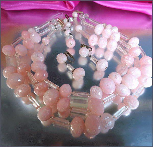 1950s West Germany Vintage Necklace w Earrings Pink Sugar Lucite Set