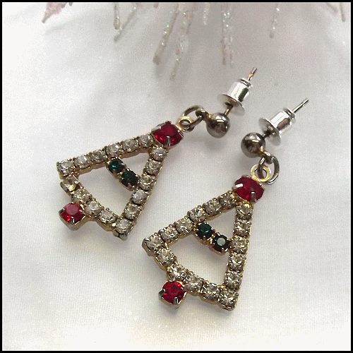 1960s Vintage Christmas Tree Petite Rhinestone Pierced Earrings