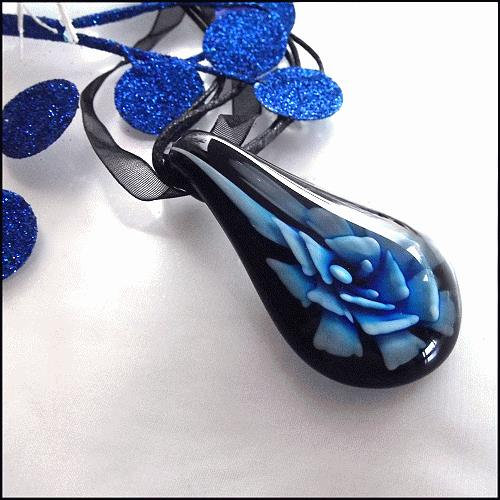1980s Vintage Murano Glass Pendant Large Blue on Black Flower Necklace
