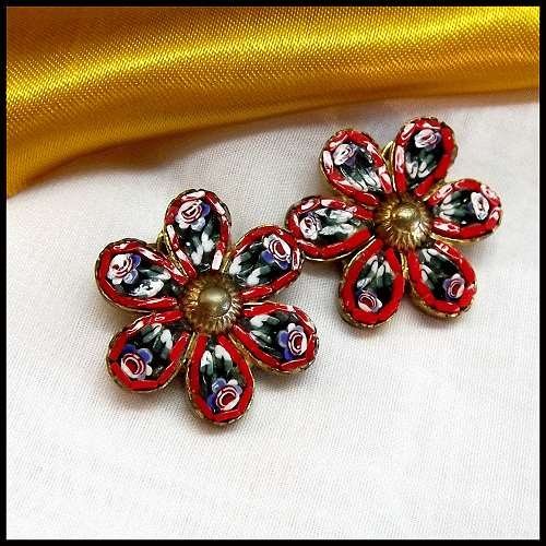 1940s Vintage Earrings Italian Red Glass Mosaic Flowers