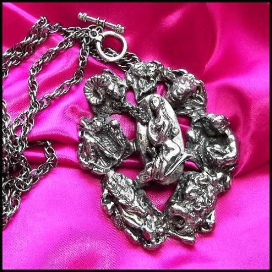 1970s Signed Tortolani Silver Zodiac BIG Pendant Vintage Necklace