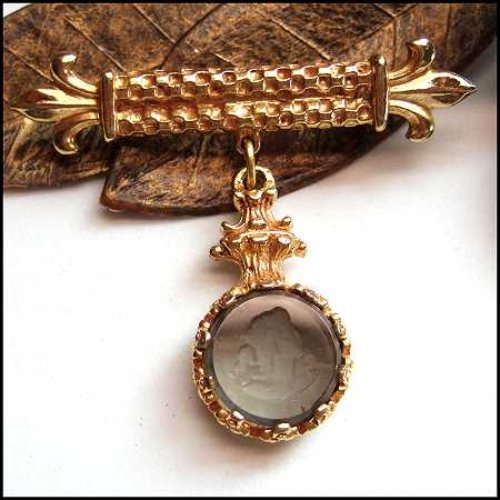 Signed Maxine Denker Cameo Pin Victorian Fleur de Lis Gold Brooch