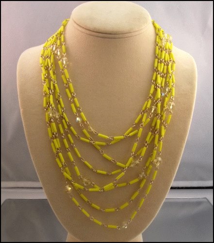 1950s Lemon Lime Glass w Crystals Vintage Torsade Necklace