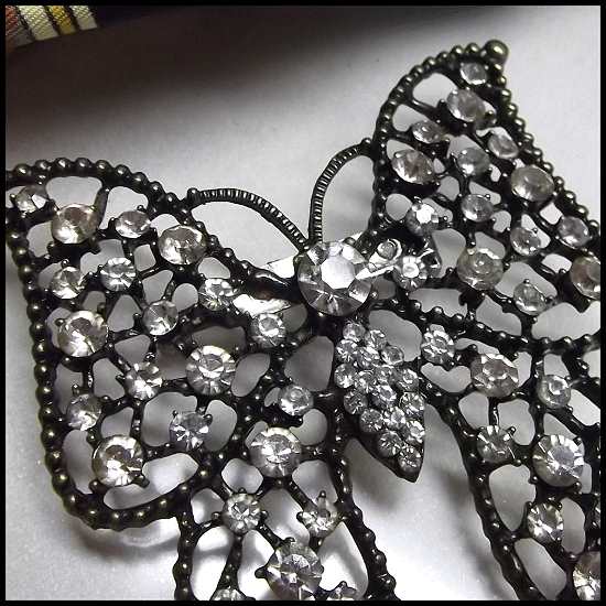 1970s BIG Vintage Butterfly Brooch Black w Crystals Pin or Pendant