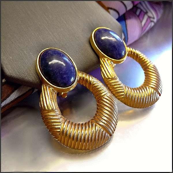 Elegant Lapis Lazuli Gemstone Gold Hoop 1980s Vintage Earrings