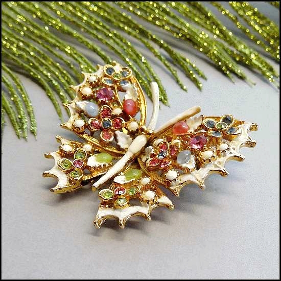 1960s Vintage Butterfly Brooch Pastel Moonstones Signed ART
