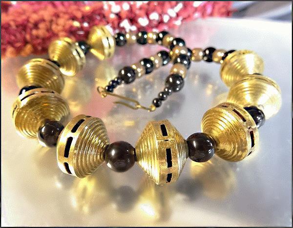 1960s Moroccan Brass n Black Glass Beads Vintage Ethnic Necklace