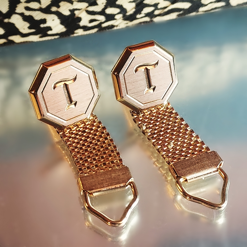 1970s Gold Silver Engraved Initial T Octagonal Vintage Cufflinks