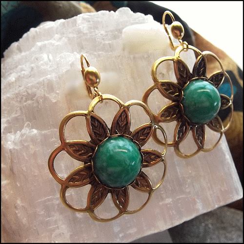 1960s Vintage Earrings Czech Old Jade Glass Bohemian Flowers