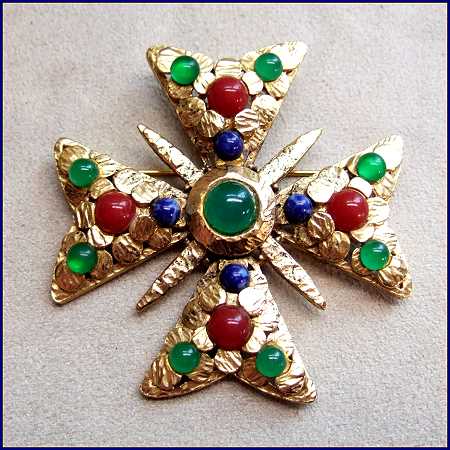 1950s Maltese Cross Vintage Brooch Lapis Carnelian Jade Glass 