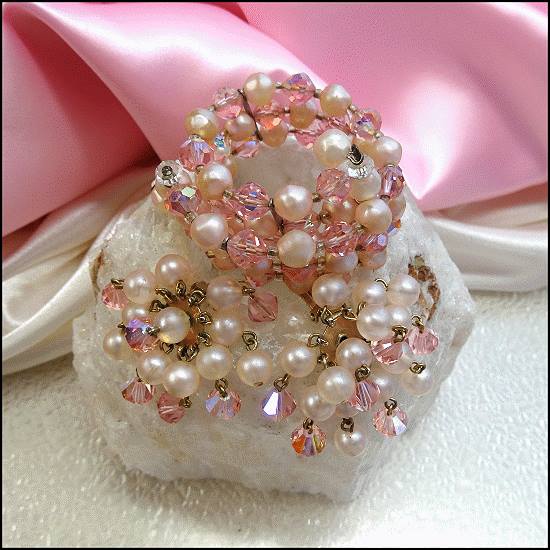 1950s Pink Pearl w Austrian Crystals Vintage Wrap Bracelet w Earrings Set